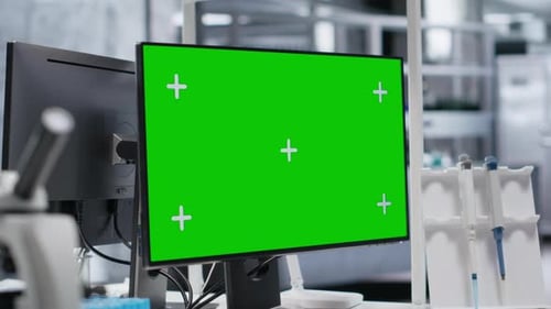 Isolated Chroma Key Display on Monitor in Empty Biolab Setup with Microscope