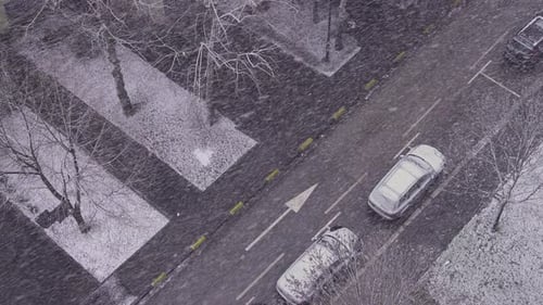 Snow fall in a street with cars parked on the side of the road