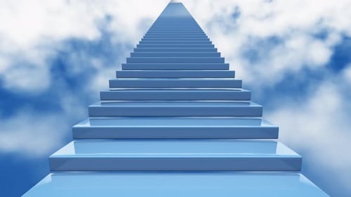 Geometric Blue Stairway Ascending Through Clouds for Success