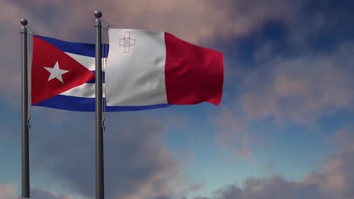 Cuban and Maltese Flags Waving Against Cloudy Sky