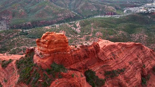 Aerial view of rock formations and valley, United States.