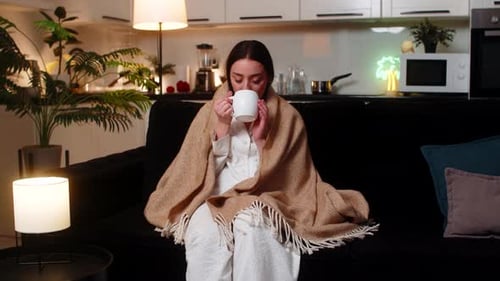 Woman Drinking Tea on Sofa Under Cozy Blanket