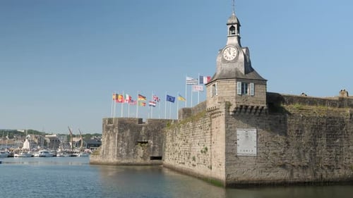 Static Shot Clear Sky Flags Walled City Concarneau Brittany France