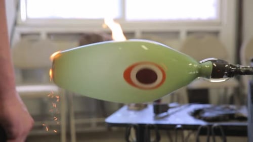 Glass Blowers Shaping Hot Flaming Glass in Workshop 3034 Years