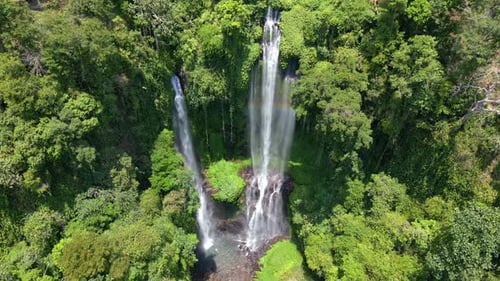 Aerial View Of Stunning Sekumpul Waterfall In The Lush Jungle In Bali Indonesia