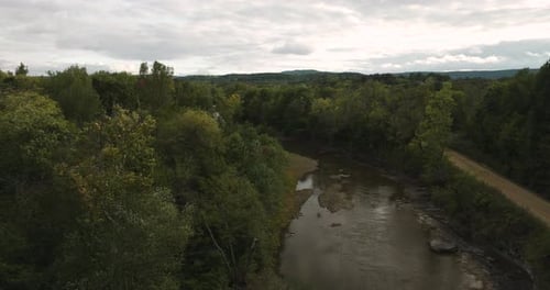 Durham Arkansas rural forest landscape, USA. Aerial drone view fly above river