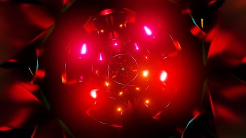 Vivid Red Kaleidoscopic Tunnel Glowing Crimson Orbs and Reflective Surfaces
