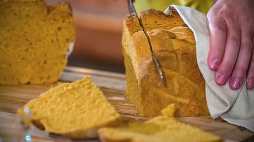 The loaf cut of the Fresh Homemade bread in slow motion