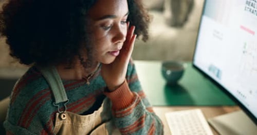 Bored, fatigue and woman studying in bedroom with notes and computer for university exam