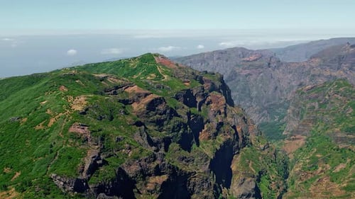 Rocky Cliffs Steep Mountain Covered with Vegetation Aerial Landscape Madeira
