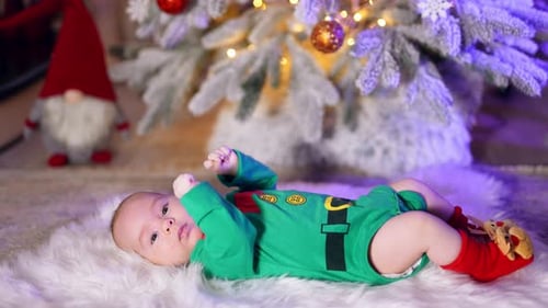 Adorable sweet kid in green costume lies peacefully on the plaid.