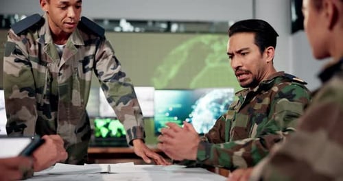 Men, soldiers and strategy in office with planning, decision and discussion for global security