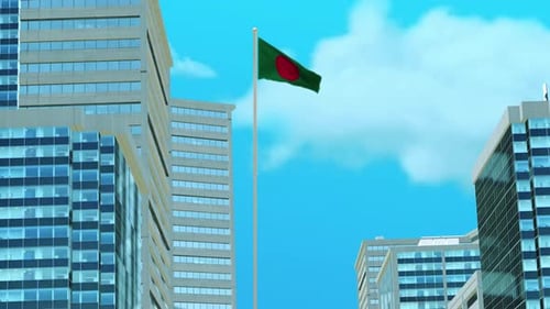 Bangladesh Flag 3D Render Animation with Urban Architecture and Clear Blue Sky