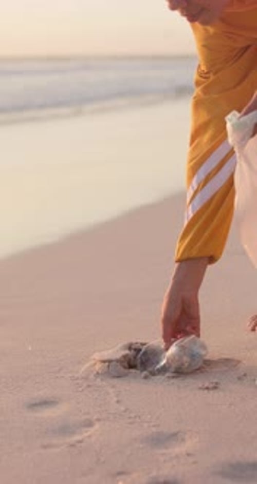 Volunteer, plastic bottle and beach pollution or sustainability service for waste management