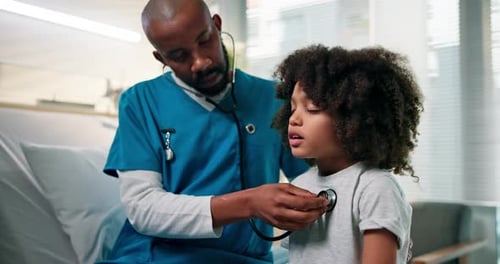 Breathing, medical or stethoscope with boy and doctor in hospital for appointment or checkup