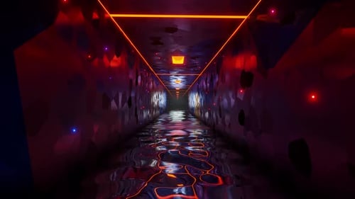 A dark tunnel with red and blue lights in it. Looped animation