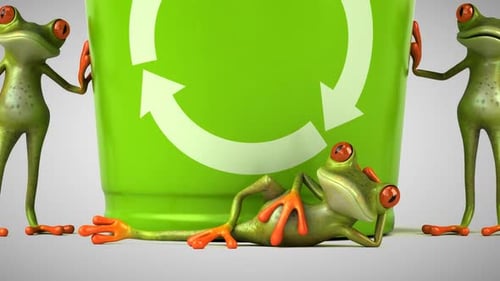 Lustige grüne Cartoon-Frösche, die Müll recyceln
