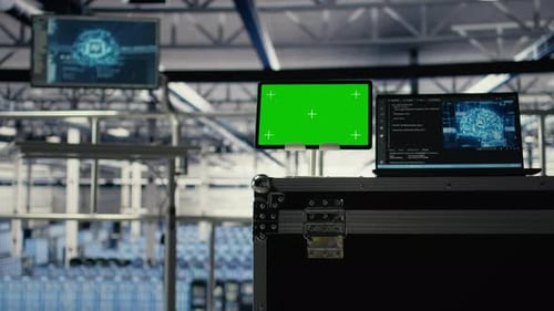 Green Screen Tablet in Server Room with Equipment Rigs Supporting AI