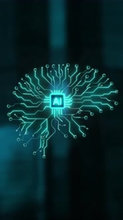 Visualización dinámica del cerebro de la IA, circuitos brillantes.