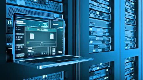 Futuristic Laptop Data Cleaning Animation in Server Rack