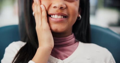 Closeup, hands or girl in clinic for toothache, cavity or gum disease in consultation for help