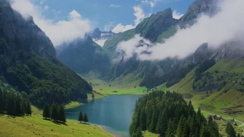 Beautiful Mountain Lake Seealpsee in the European Alps of Switzerland