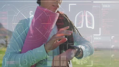Animation of data processing over woman holding yoga mat and checking smartwatch