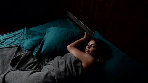 Sexy Lady Sleeping in Bed Dreaming and Waking Up Top View Lonely Woman Lying in Bedroom