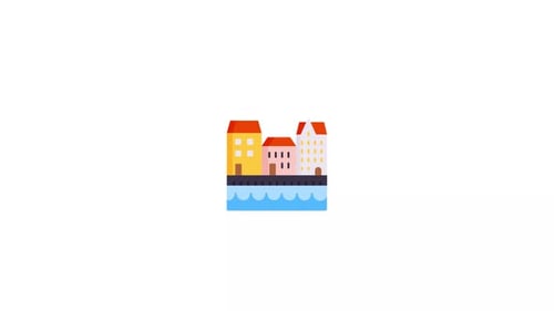 Animated Flat Design Cityscape with Canal and Bicyclists