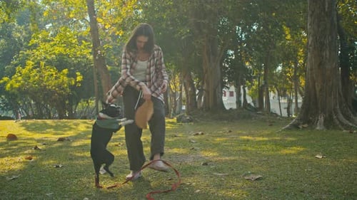 Woman and Dog Play in the Park