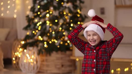 Happy Child Laughing by Christmas Tree Indoors