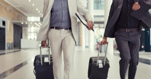 Running, late and African men at an airport, rushing for a flight or travel together