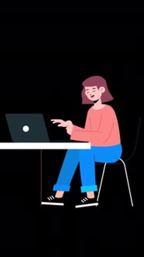 Businesswoman Sitting At Desk Working On Laptop Cartoon Animation On Vertical On Alpha Channel