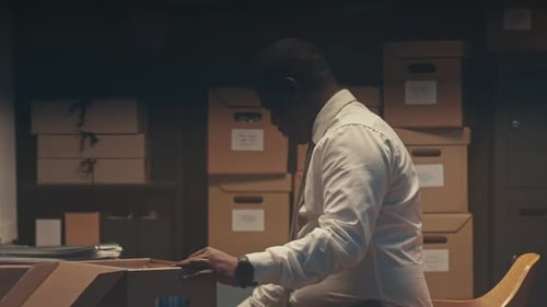 Man Searching Through Archive Box in Dark Office