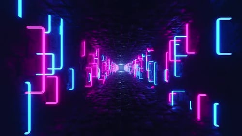 Neon lights illuminate a dynamic tunnel, a futuristic abstract