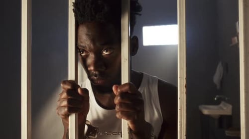 Handcuffed African American Inmate Looking Through Prison Bars