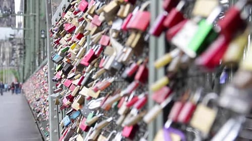 Rack focused shot of the padlocks on the Hohenzollernbrucke love locks bridge in Cologne Germany