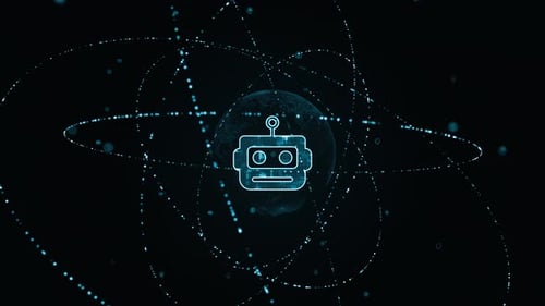 Blue digital Robot logo with particle ring circle rotation and ai technology icon on futuristic