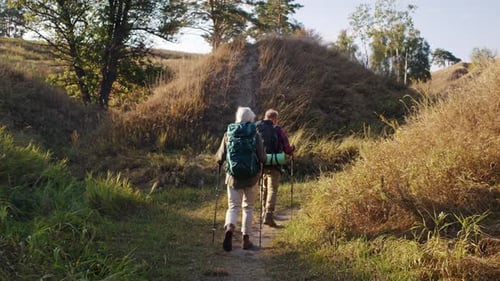 Parejas maduras activas con mochilas caminan entre colinas bajas