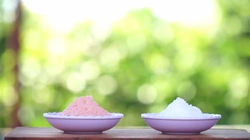 Pink and White Salt Piles in Small Bowls