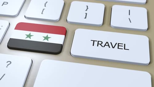 3D-Animation mit Nationalflagge und Text: Reisen ins Land auf Knopfdruck
