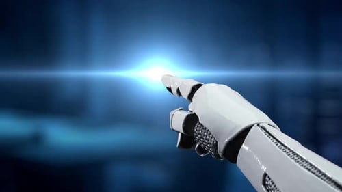 Robotic Hand Pointing Towards AI Ethics Concept with Digital Icons Representing Technology, Law, and