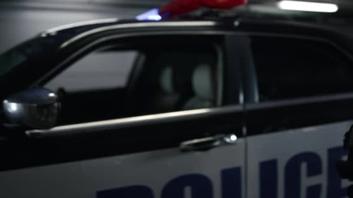 Cuffed Suspect Placed in Police Vehicle at Night