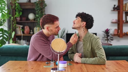 Young Men Applying Makeup at Home, Close Up
