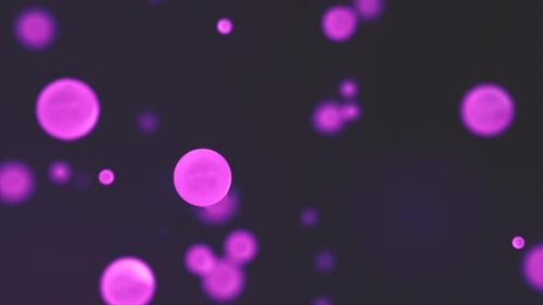 Abstract purple glowing background with flying atoms molecules particles energy bubble