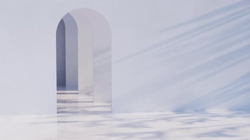 Sonniges weißes Zimmer, Wand mit Bogen. 3D-Renderer, realistisches Design. Laub, Blatt, Schatten, Sonnenlicht