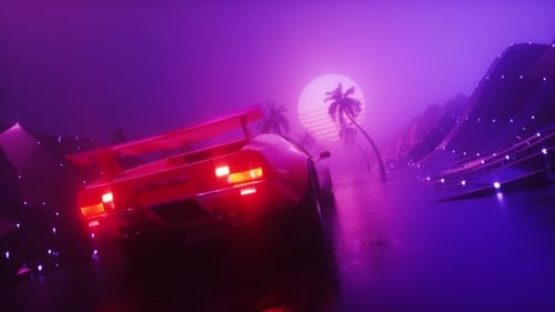 Glowing Dark Foggy Landscape With Riding Sports Car Synth Wave Background Loop