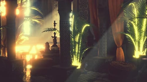 Luminous Palm Plants in Exotic Moroccan Interior Motion Background