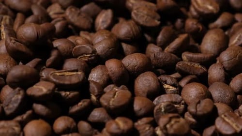 Slow motion of roasted coffee beans falling.