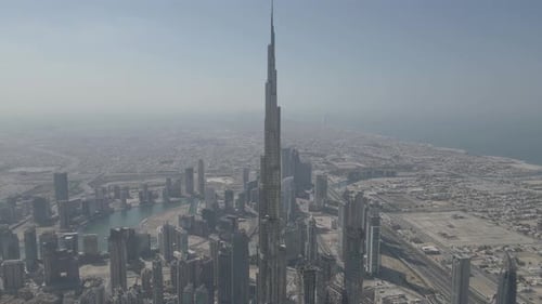 Scenic view of world tallest building Burj Khalifa in Dubai, UAE, aerial
